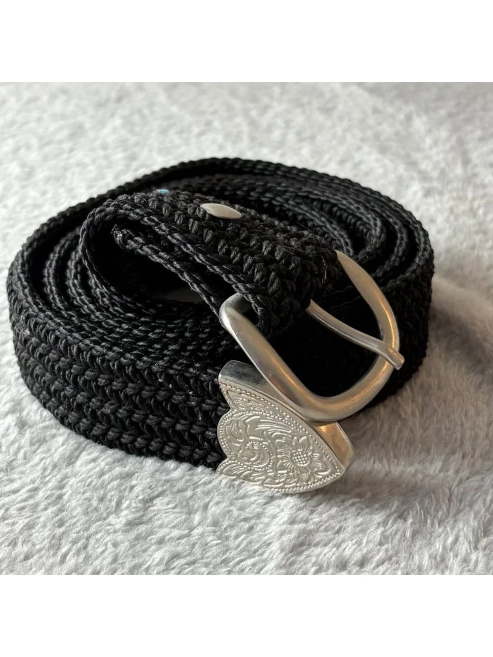 Handcrafted Black Braided Belt Silver Buckle Floral Engraving 1.5